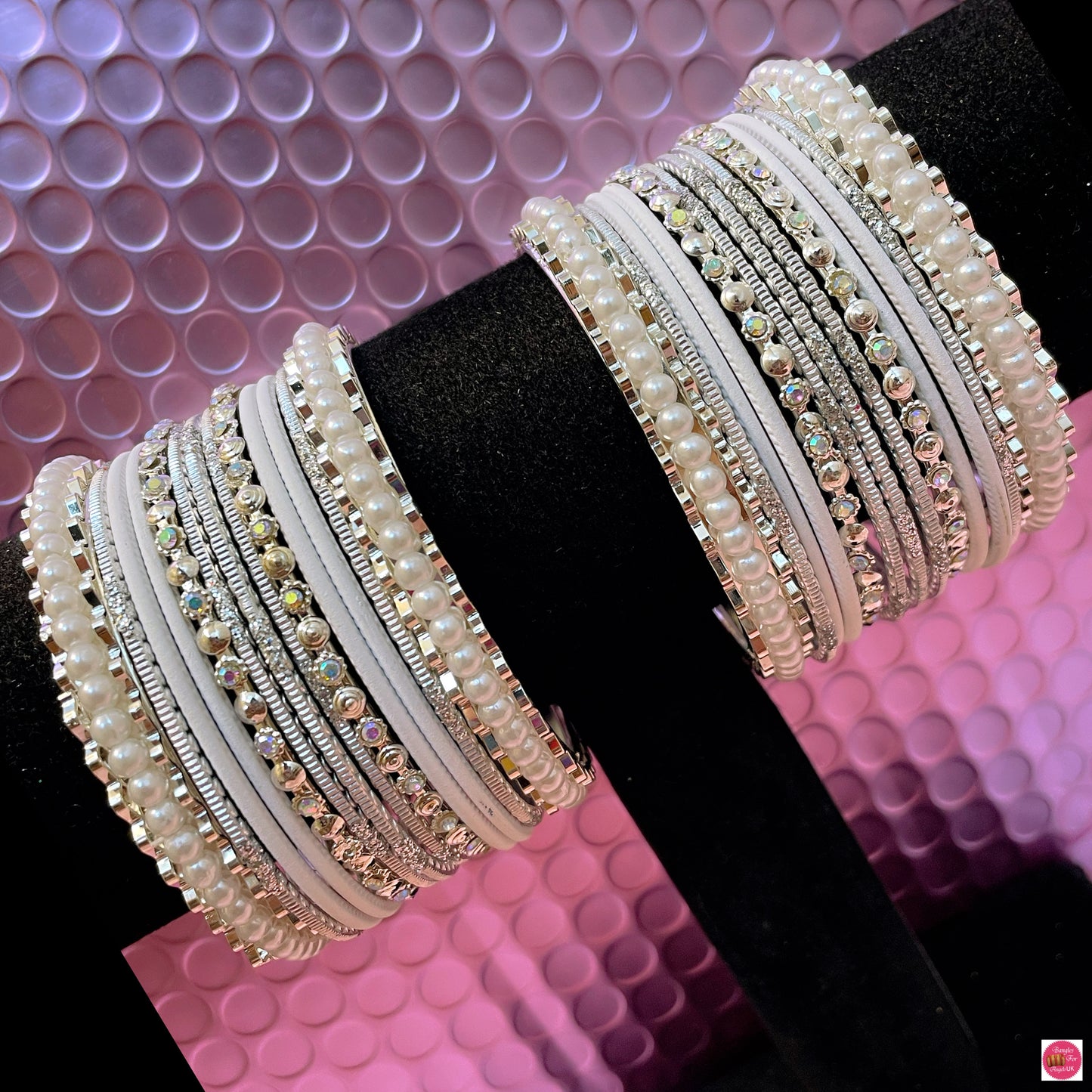 Silver & White Pearl Metal Bangles Set