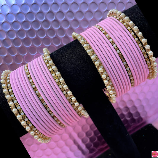 Gold Pearl Zirconia Metal Bangles Set- Light Pink