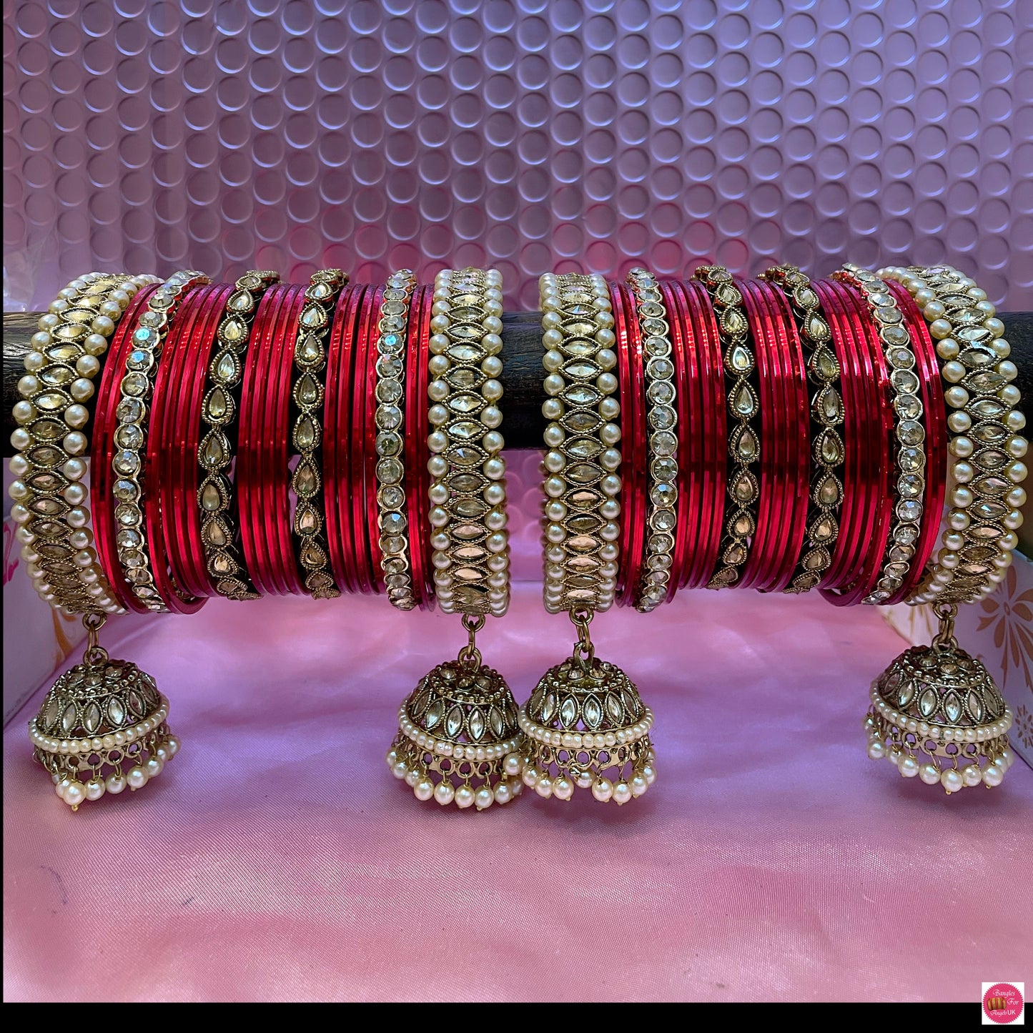 Kundan Pearl Gold Hanging Metal Bangles Set- Red