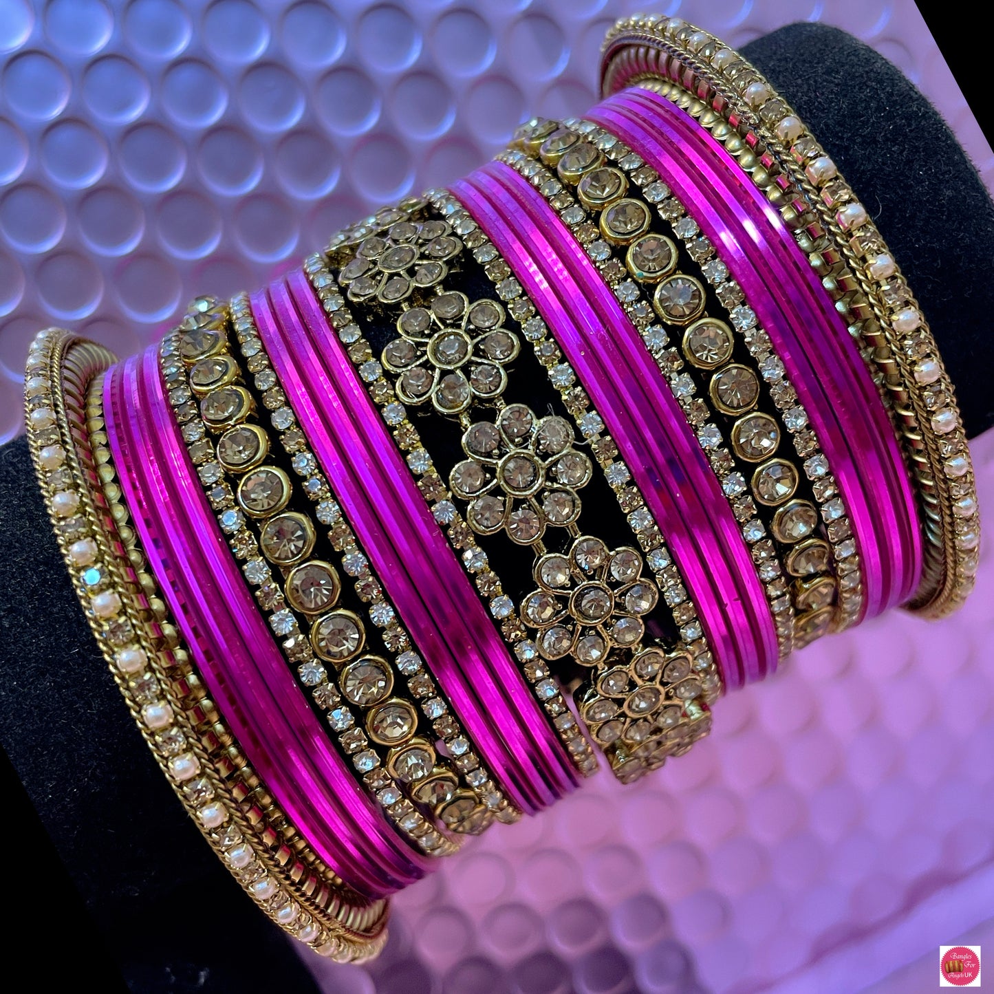 Gold Flower Zirconia Metal Bangles Set- Fuschia Pink