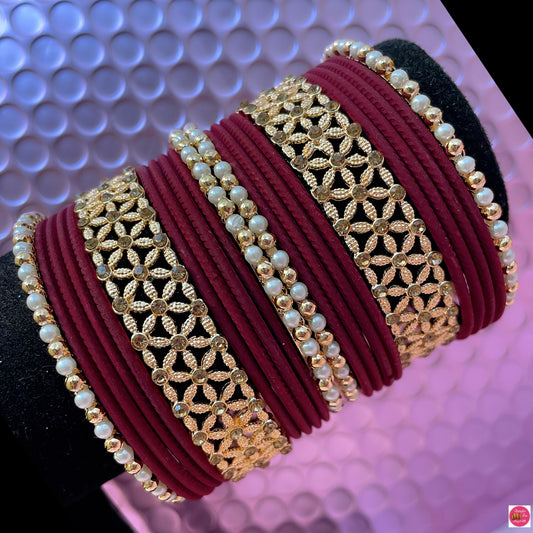 Gold Pearl Metal Bangles Set- Maroon