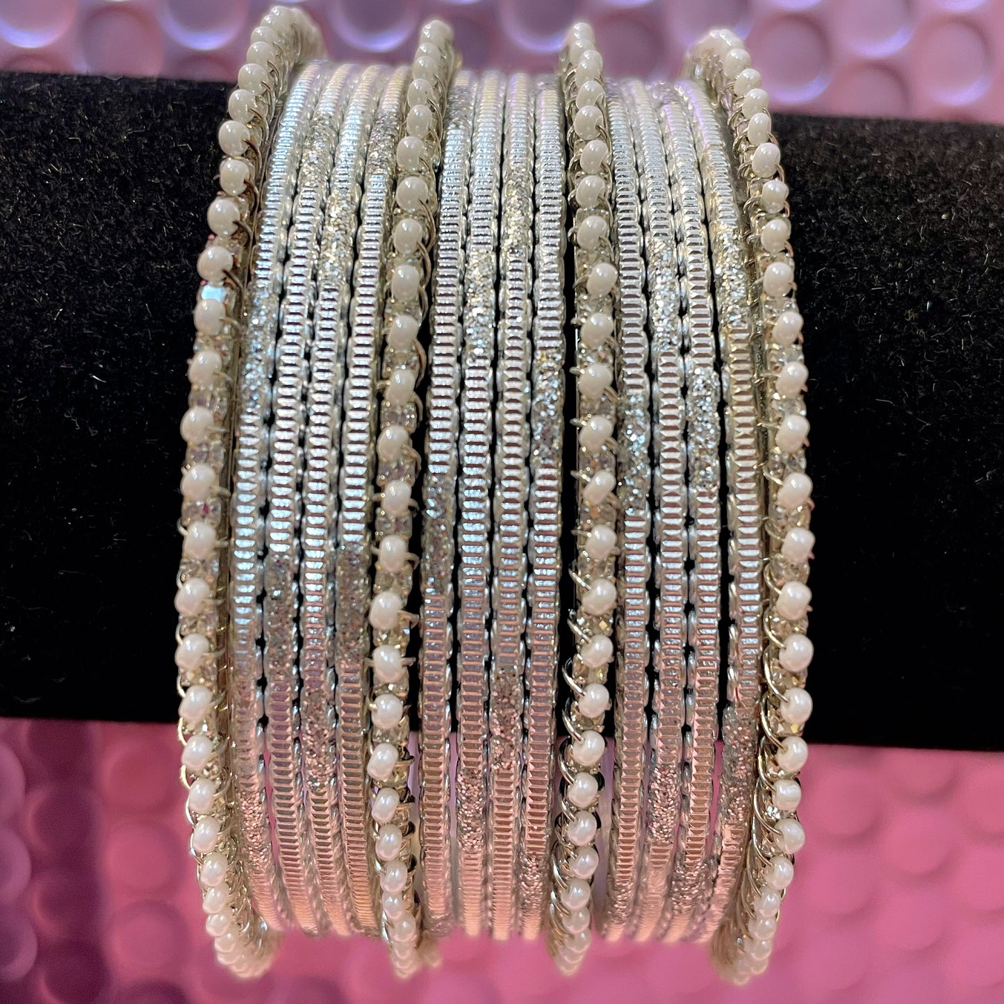 Silver Pearl Metal Bangles Sets- Various Colours