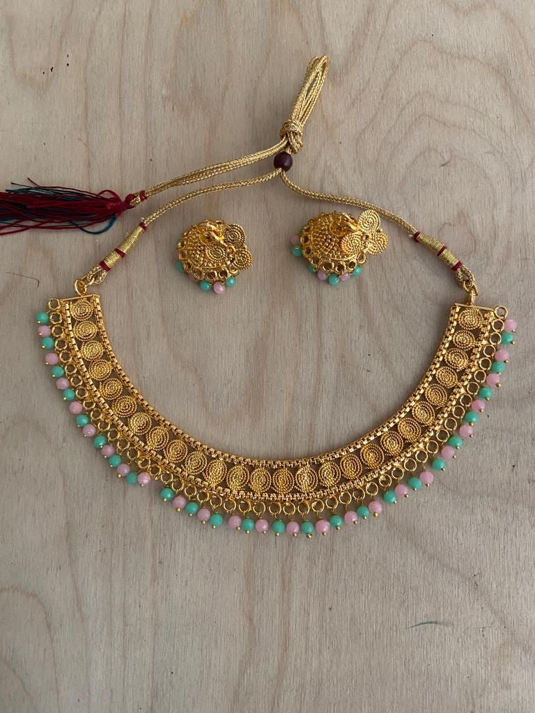 Gold Necklace & Earings/Jhumki Set- Light Blue/Pink