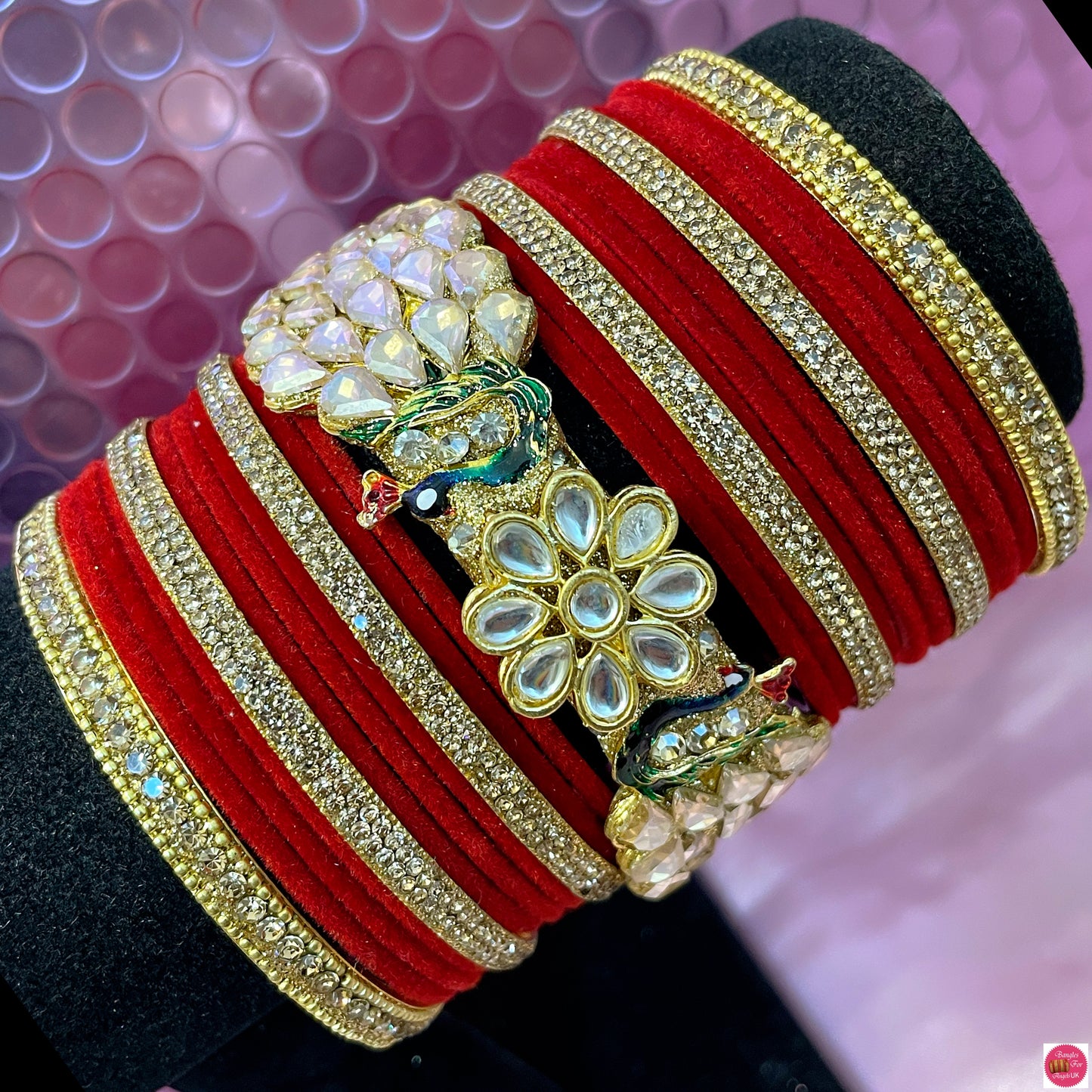 Kundan Peacock Metal Bangles Set- Red