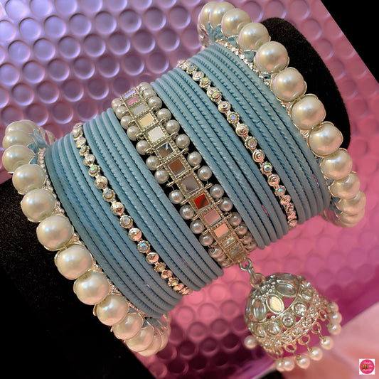 Silver Pearl Hanging Metal Bangles Set- Baby/Ice Blue