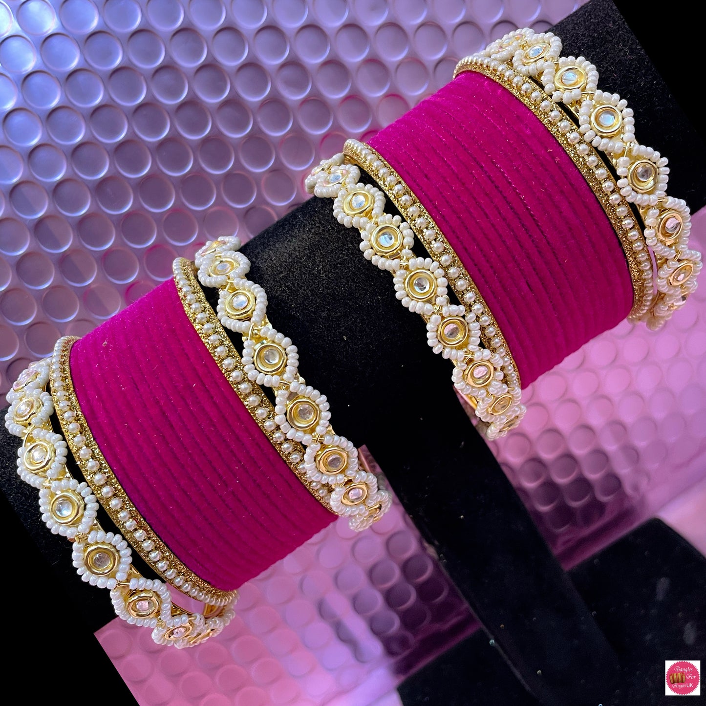 Gold Pearl Metal Bangles Set- Hot Pink