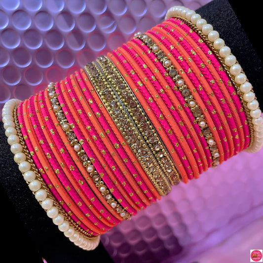Pearl Metal Bangles Set- Pink/Orange