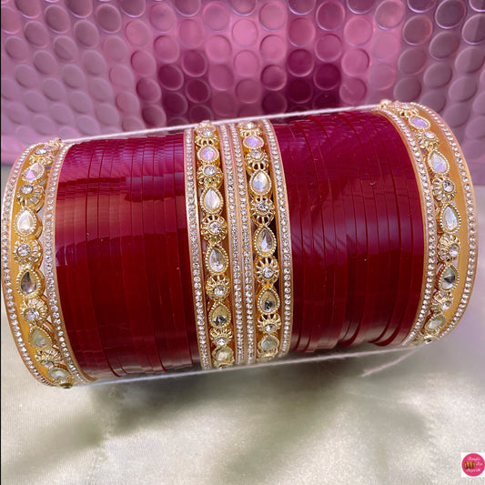 Kundan Mirror Punjabi Chura Bangles Set- Deep Red