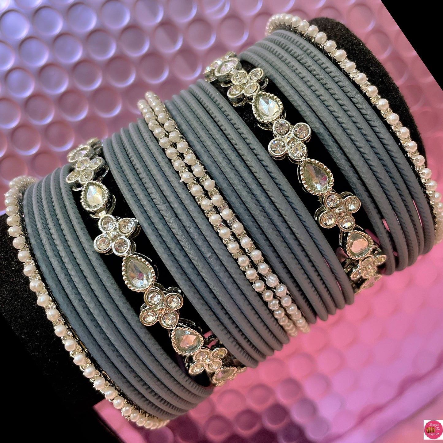 Silver Kundan Pearl Metal Bangles Set- Grey