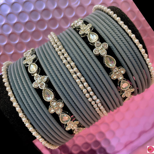 Silver Kundan Pearl Metal Bangles Set- Grey