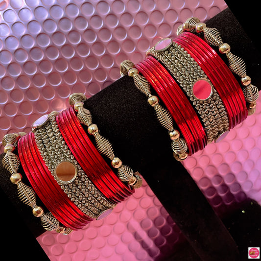 Silver Oxidised Metal Bangles Set- Red