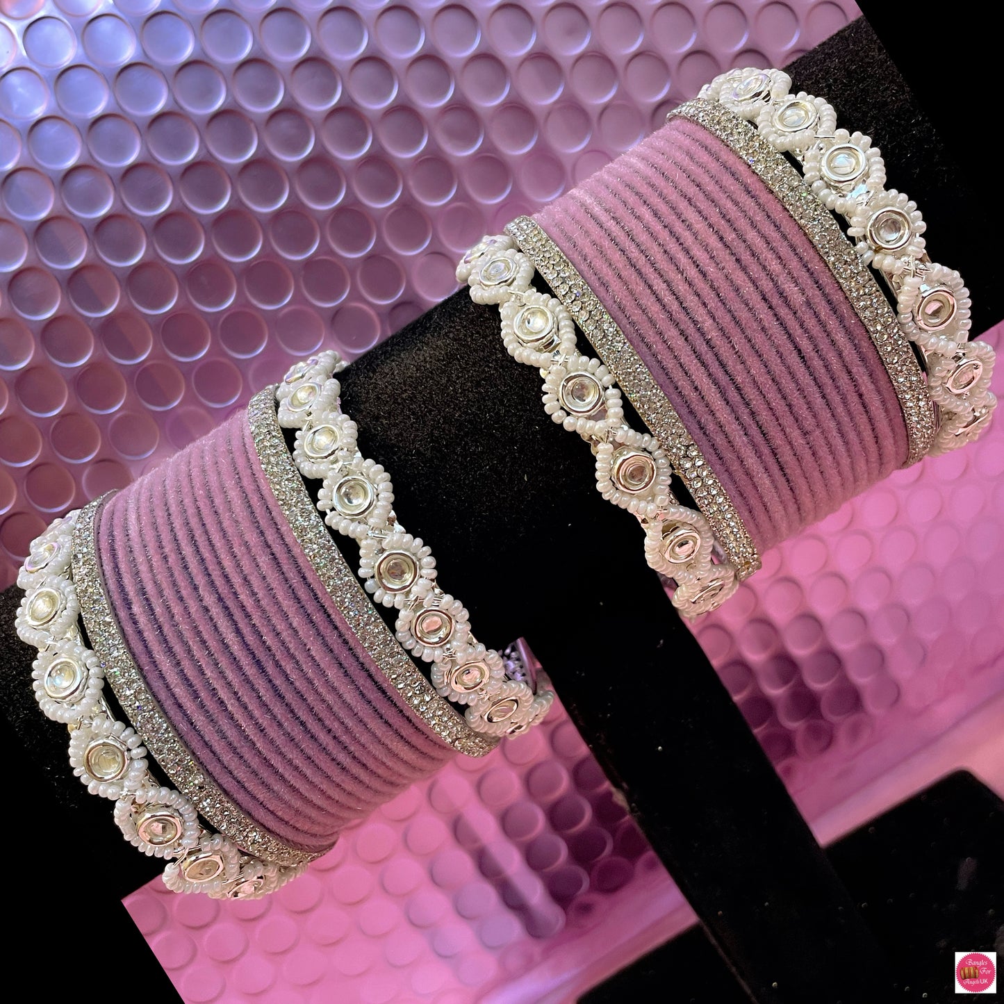 Silver Pearl Metal Bangles Set- Lilac Purple