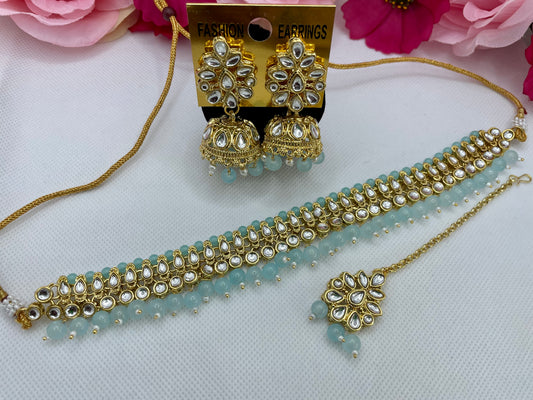 Kundan Choker, Earings & Maang Tikka Set- Baby/Sky Blue