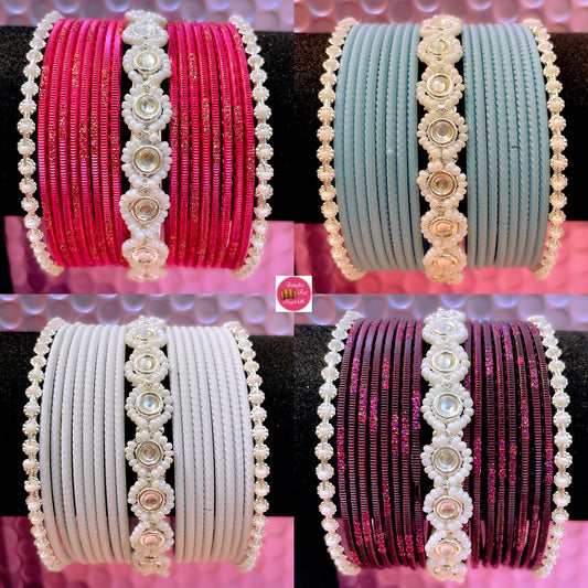 Silver Pearl Metal Bangles Sets- Various Colours