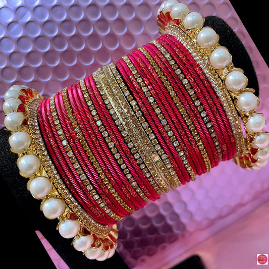Pearl Zirconia Metal Bangles Set- Strawberry