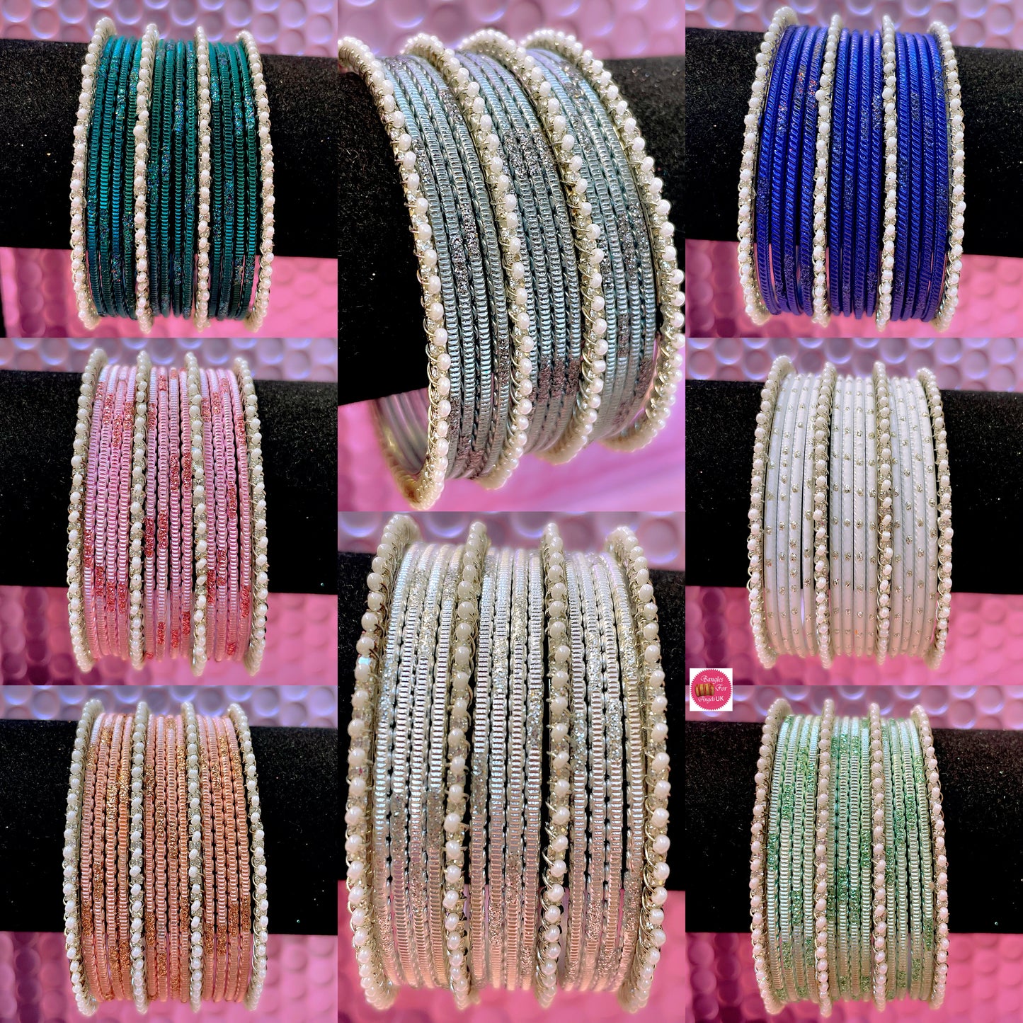 Silver Pearl Metal Bangles Set Various Colours- Size 2.10