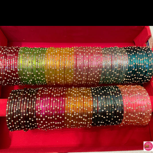 Stone Glass Bangles Combo Of 12 Sets- Size 2.2/2.4/2.6/2.8