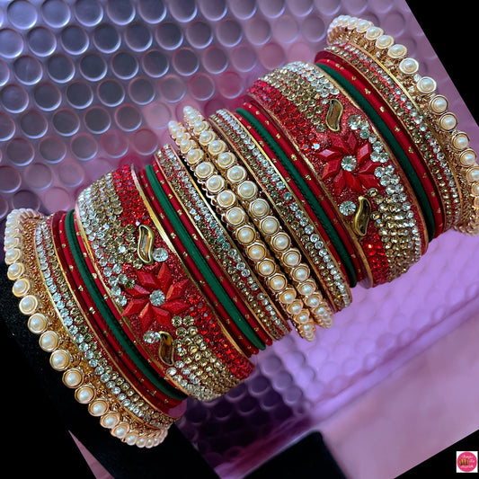 Pearl Metal Bangles Set- Red/Green