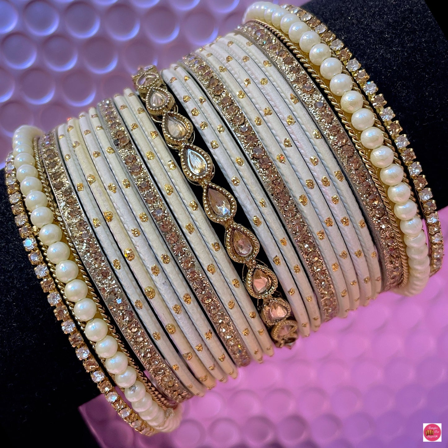 Kundan Pearl Metal Bangles Set- Various Colours