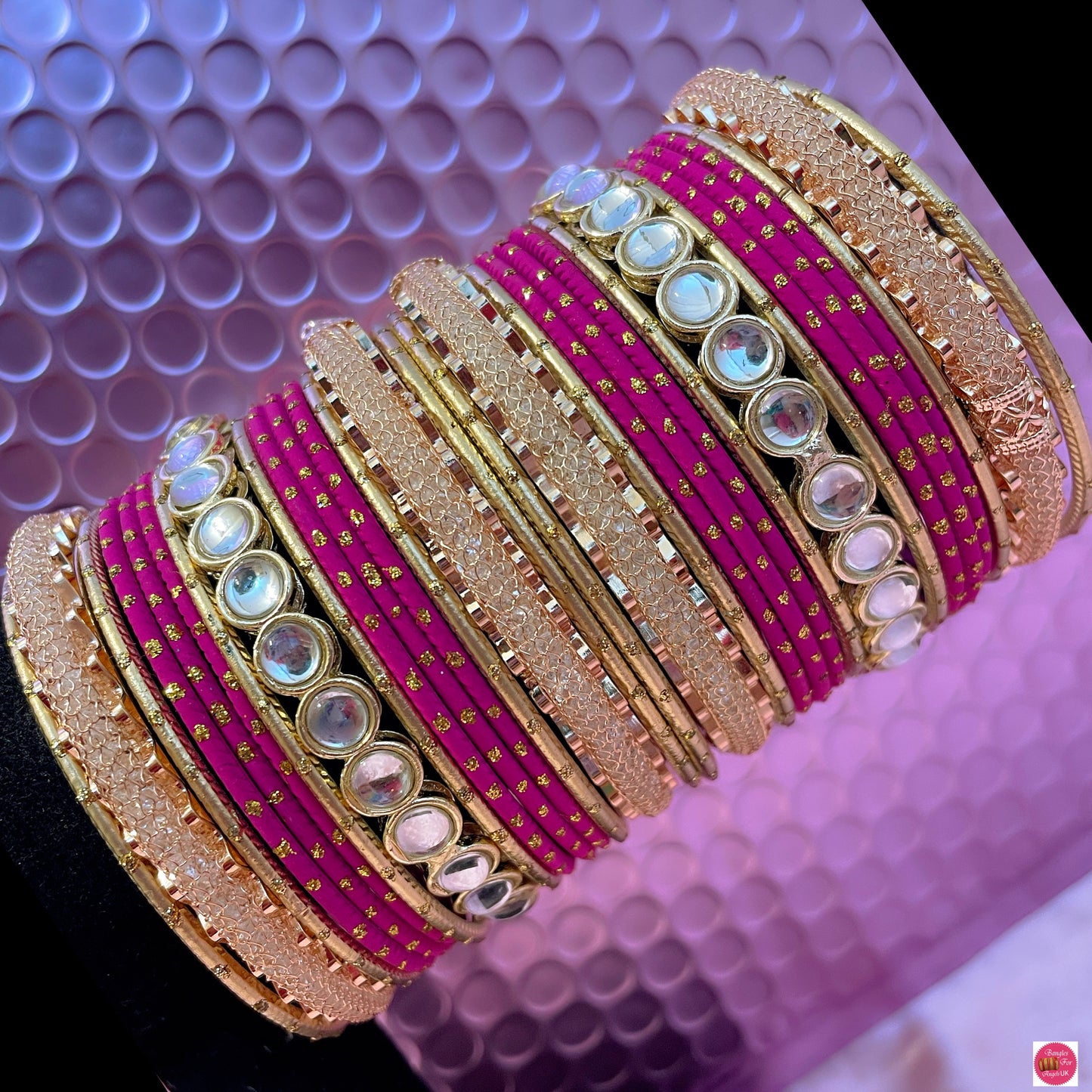 Gold Mirror Zirconia Metal Bangles Set- Hot Pink