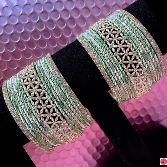 Silver Zirconia Metal Bangles Set- Mint Green