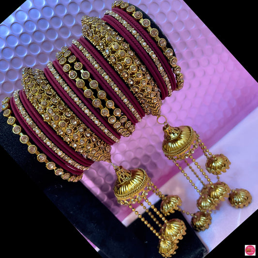 Gold Hanging Metal Bangles Set- Maroon