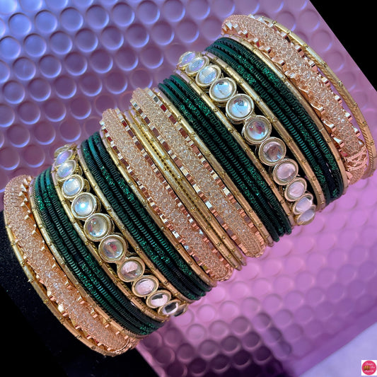 Gold Zirconia Mirror Metal Bangles Set- Green