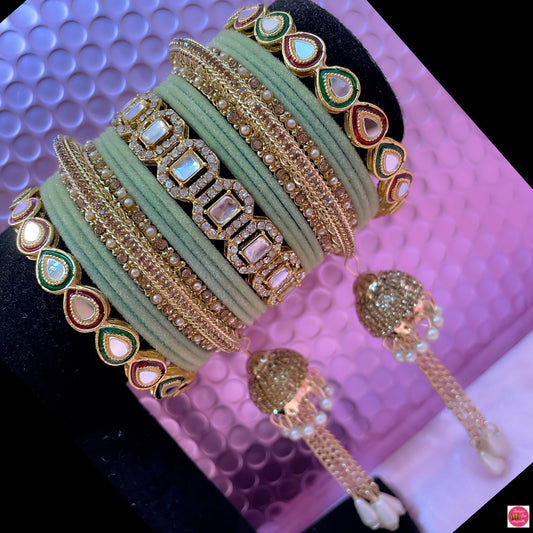 Meenakaari Pearl Hanging Zirconia Metal Bangles Set- Pista/Mint