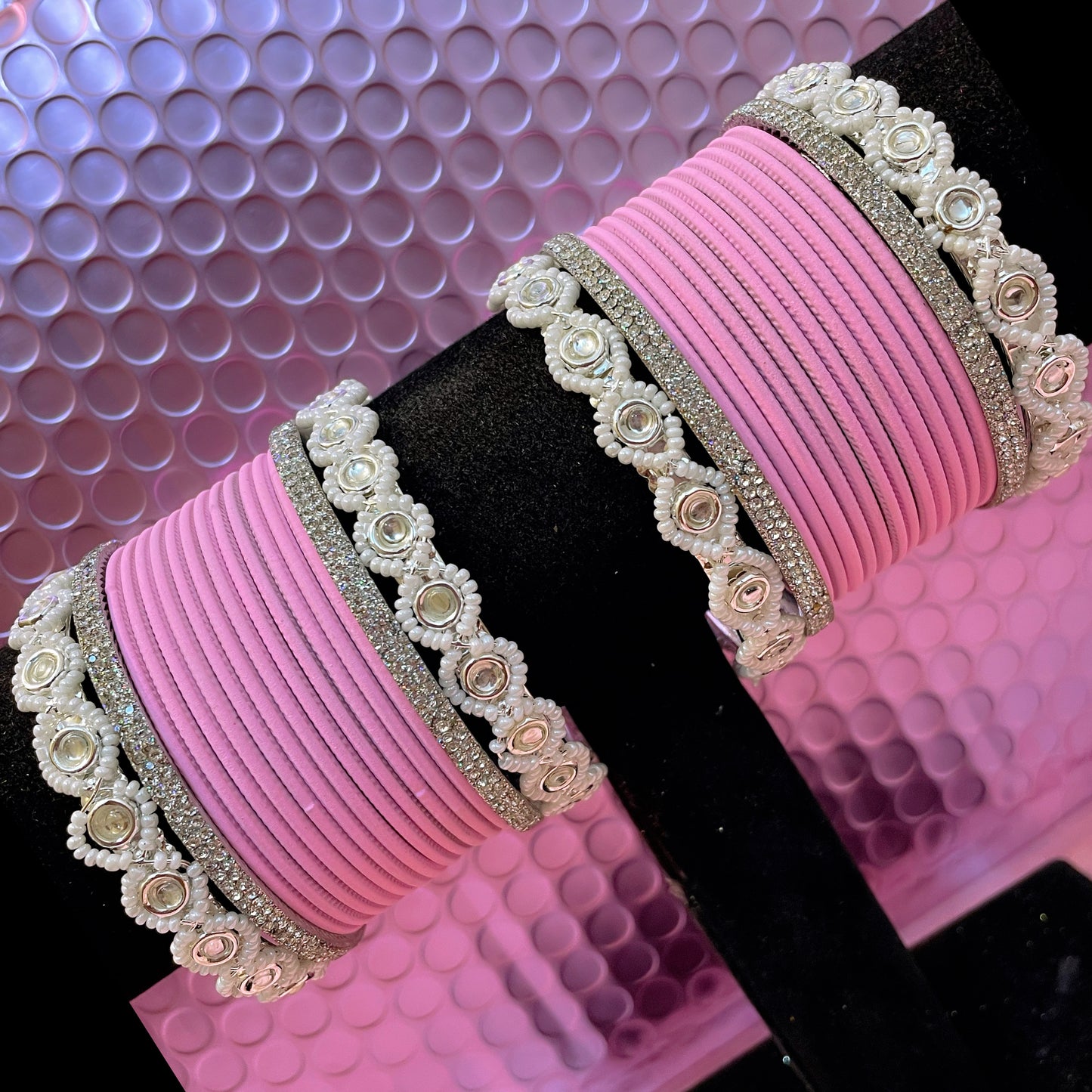 Silver Pearl Metal Bangles Set- Light Pink