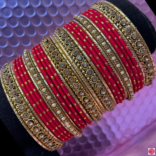 Gold Pearl Metal Bangles Set- Red