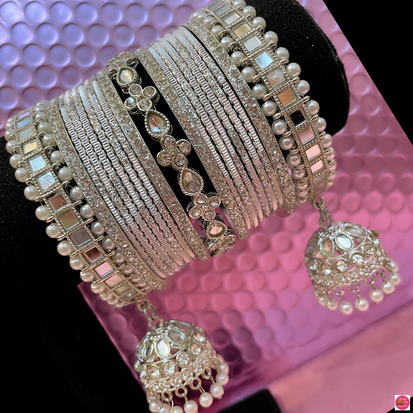 Silver Kundan Hanging Metal Bangles Set- Size 2.10