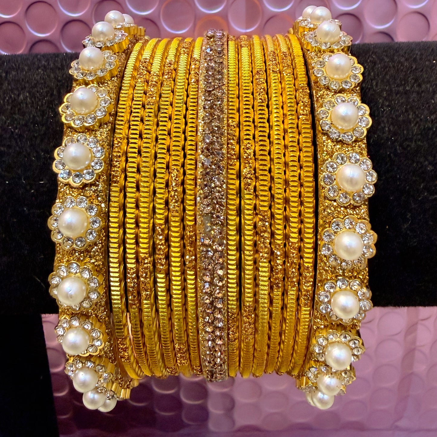 Gold Pearl Metal Bangles Sets In Assorted Colours
