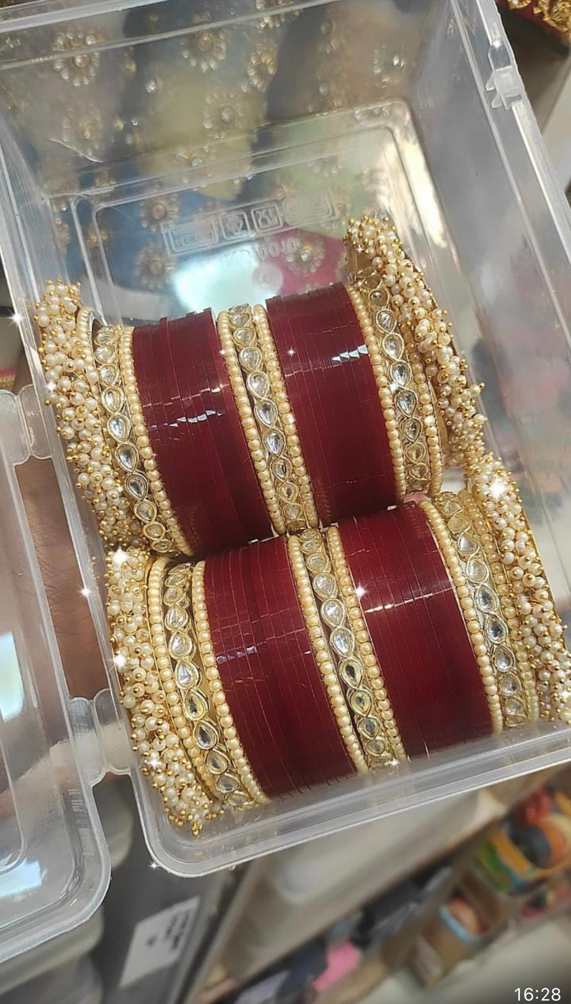 Kundan Pearl Maroon Bridal Chura Bangles Set