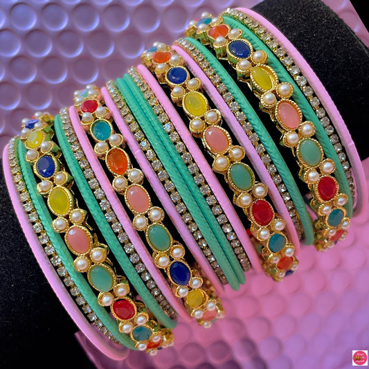 Multicoloured Pearl Metal Bangles Set- Pink/Mint Green