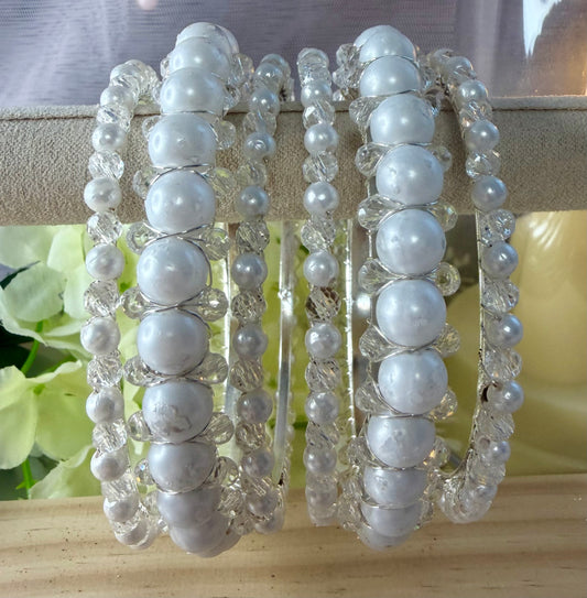 Silver White Pearl Metal Bangles Set