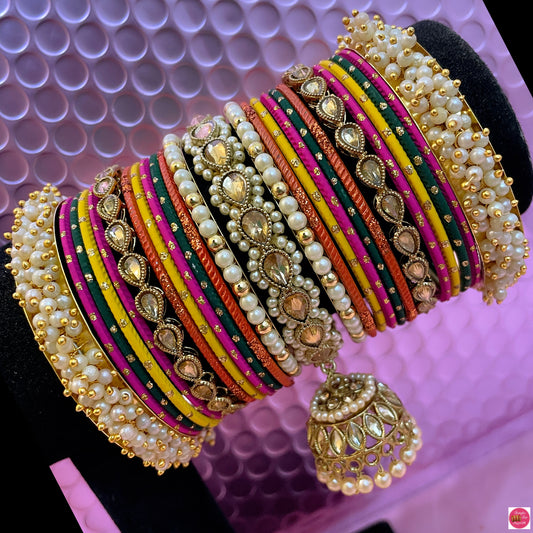 Kundan Pearl Multicoloured Mehendi Hanging Metal Bangles Set