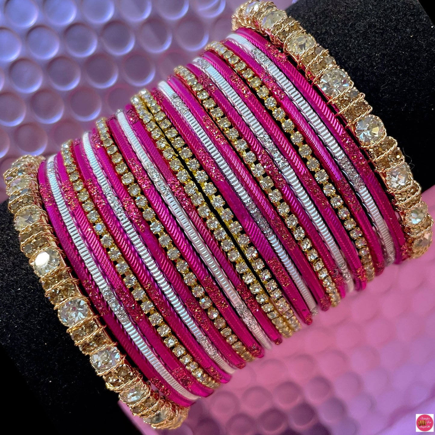 Gold Zirconia Metal Bangles Set- Hot Pink