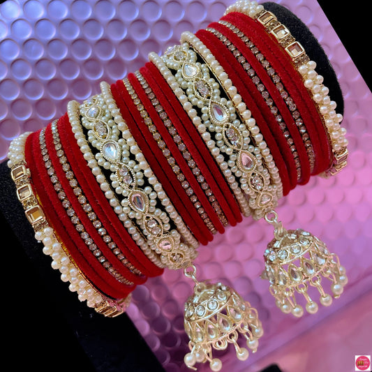 Kundan Pearl Hanging Metal Bangles Set- Red