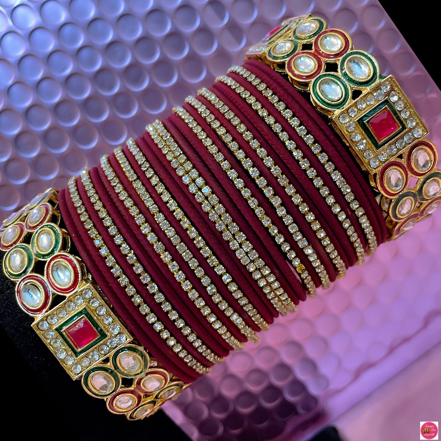 Kundan Zirconia Metal Bangles Set- Maroon