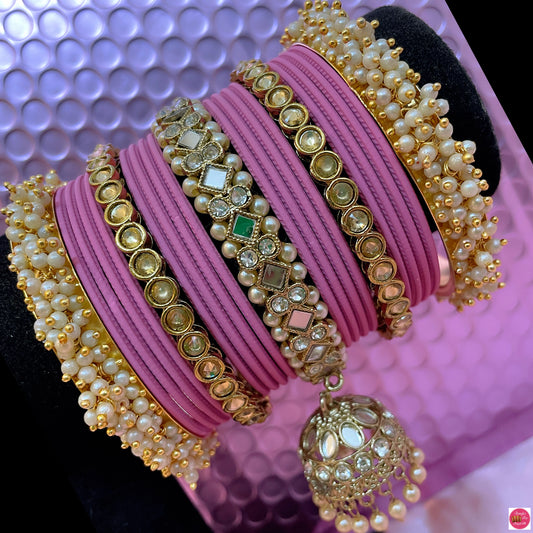 Kundan Gold Pearl Hanging Metal Bangles Set- Pink/Purple