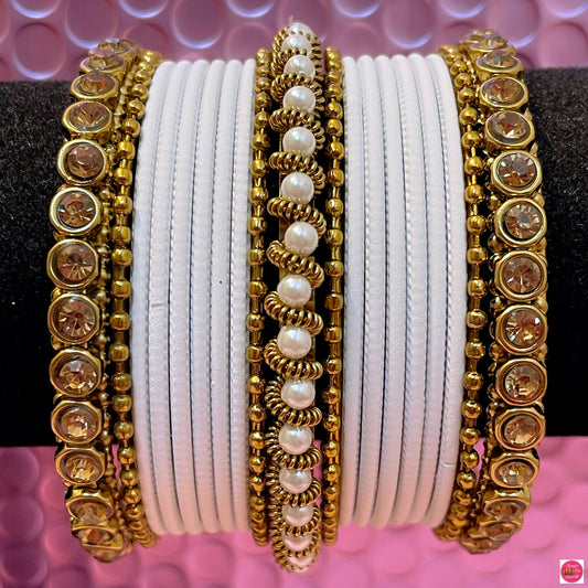 Gold Pearl Metal Bangles Set- White