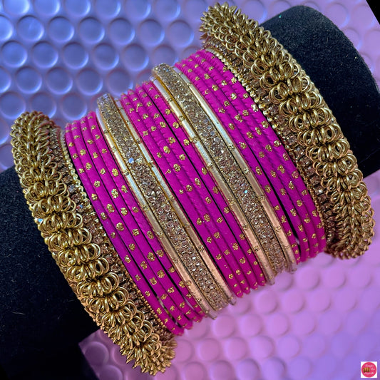 Gold Zirconia Metal Bangles Set- Hot Pink