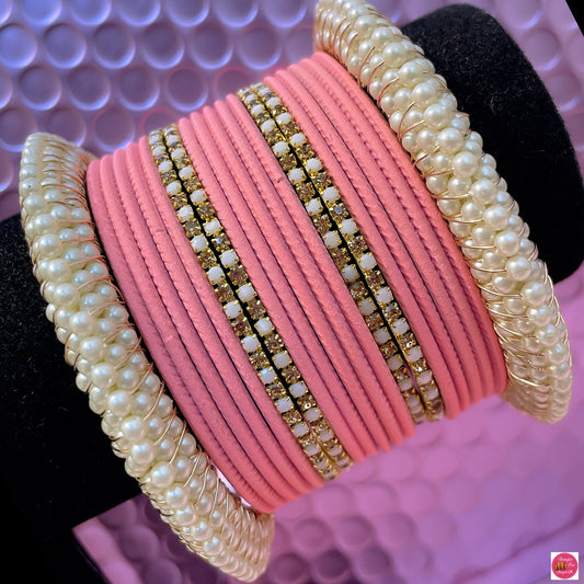 Pearl Zirconia Metal Bangles Set- Peachy Pink