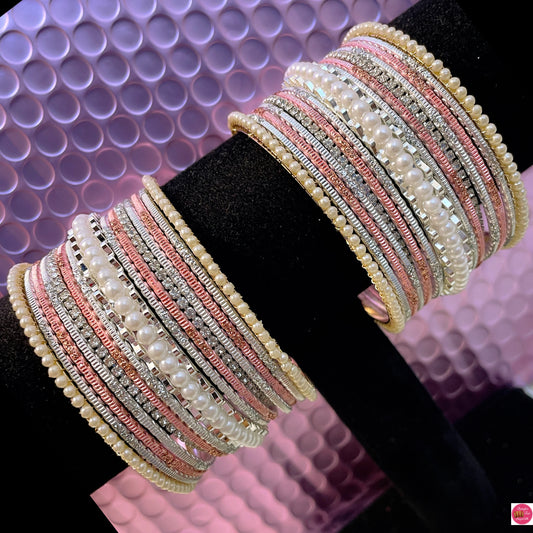 Silver Pearl Metal Bangles Set- Peach