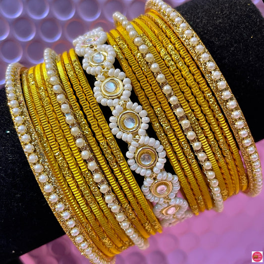 Pearl Metal Bangles Set- Mustard Yellow