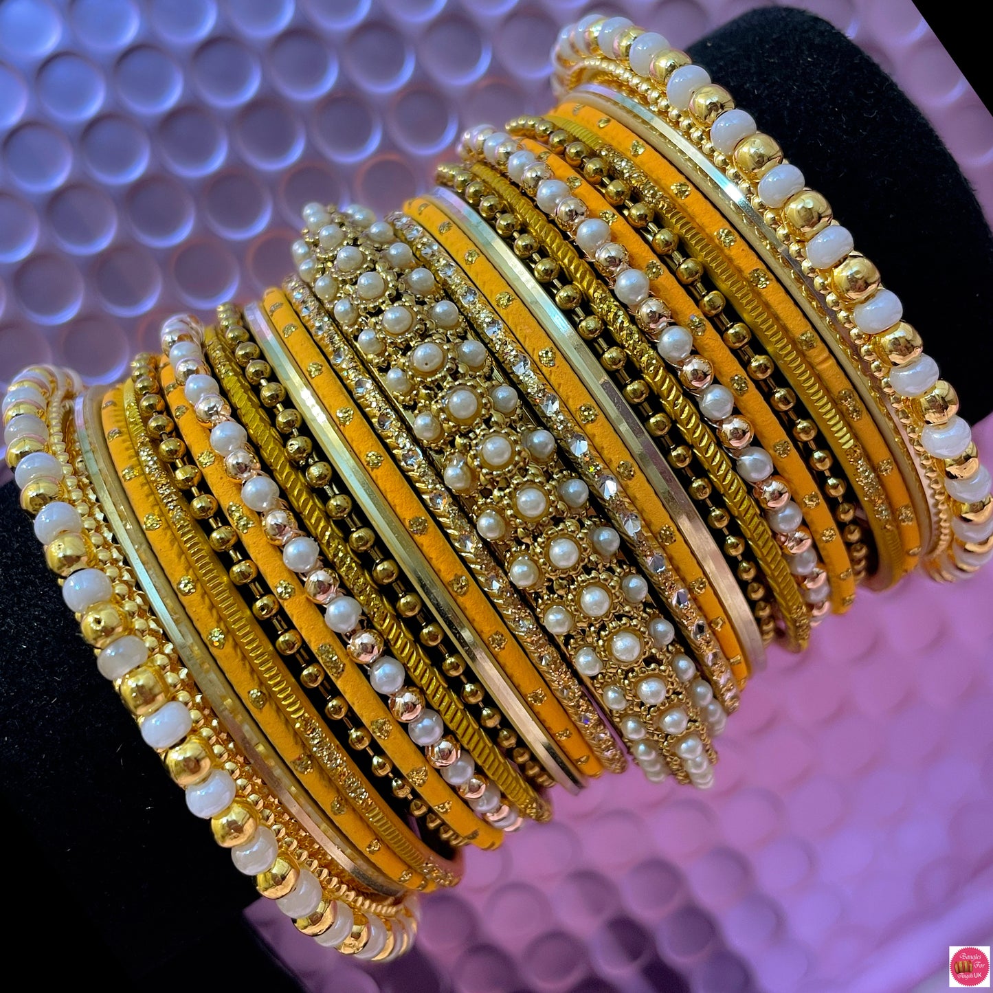 Gold Pearl Haldi Metal Bangles Set- Yellow