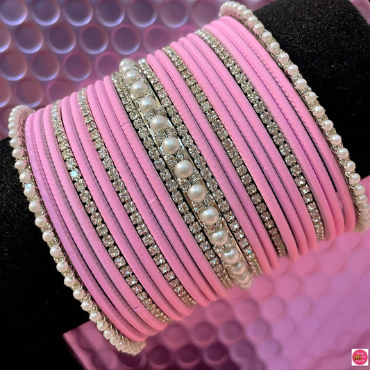 Silver Pearl Zirconia Metal Bangles Set Baby Pink- Size 2.4/2.6