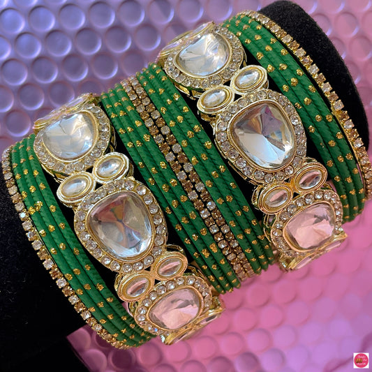 Kundan Zirconia Metal Bangles Sets- Green