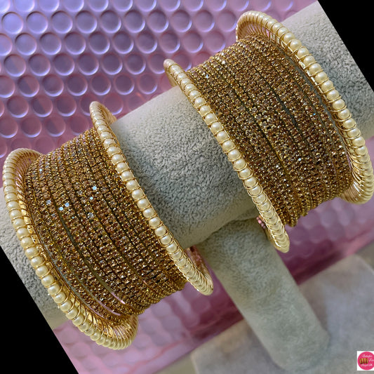 Gold Pearl Zirconia Metal Bangles Set
