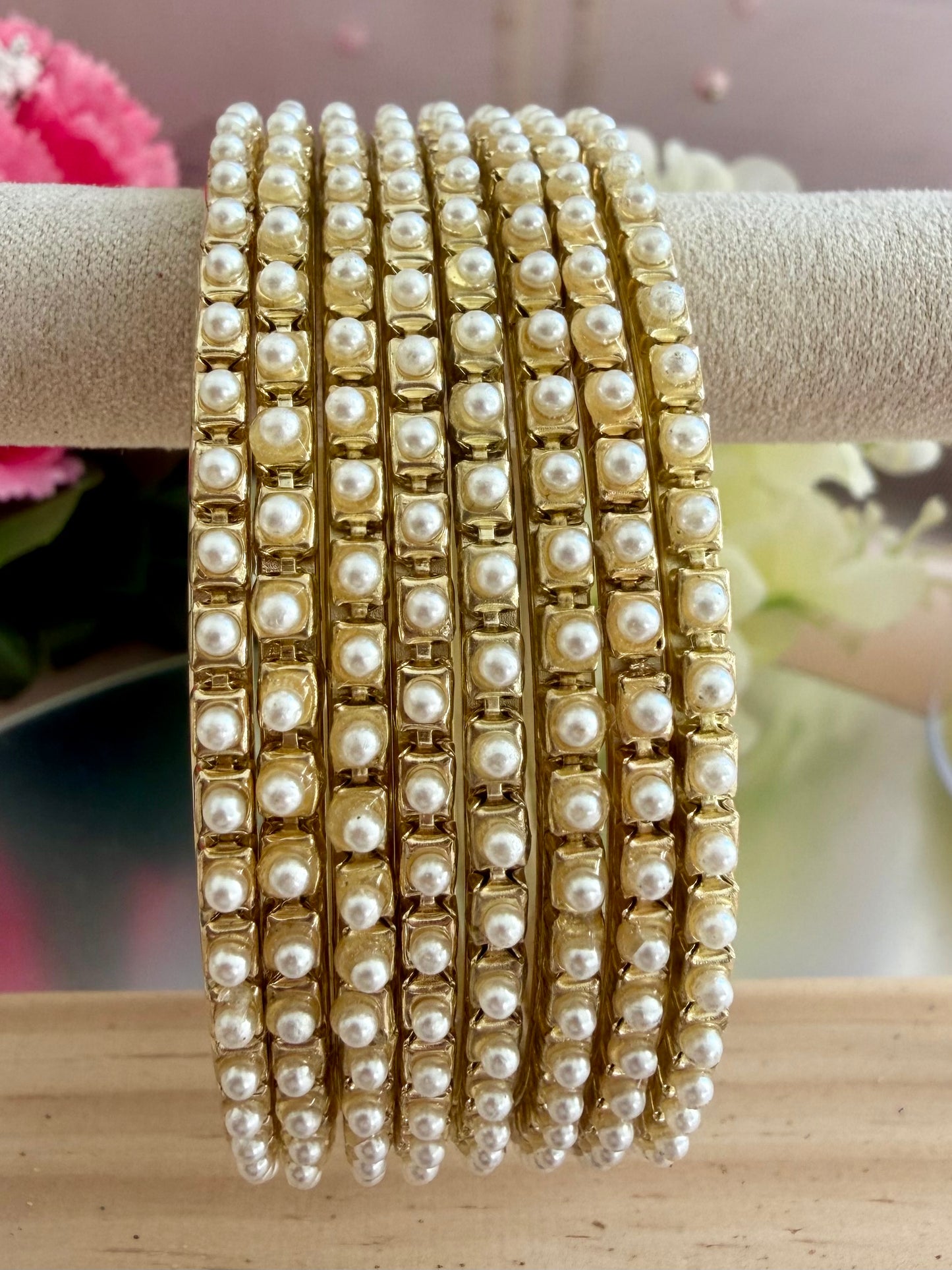 Gold Pearl Metal Bangles Set
